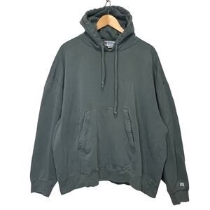 Vintage Y2K Russell Thrashed Green Hoodie Sweatshirt Cotton Faded Size XXL